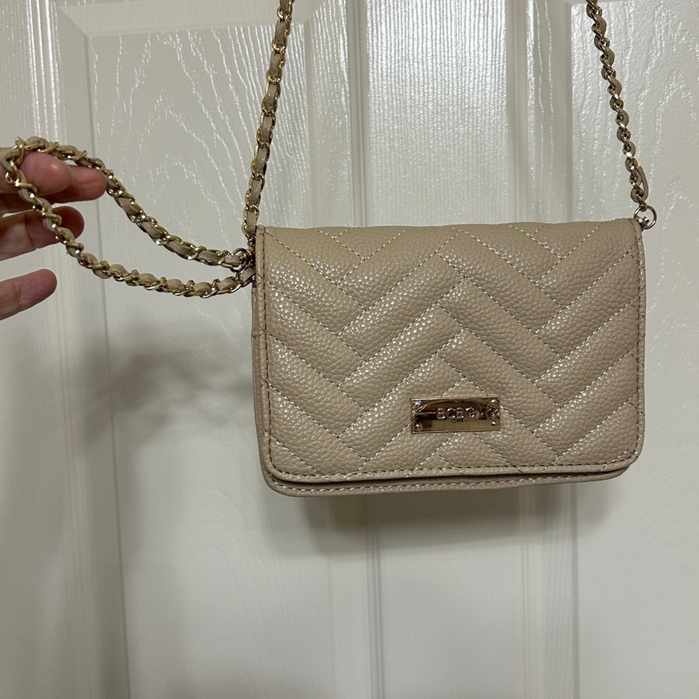 BCBG Paris Quilted Crossbody Bag in Creamy Beige - Wristlet Strap Woven Chain